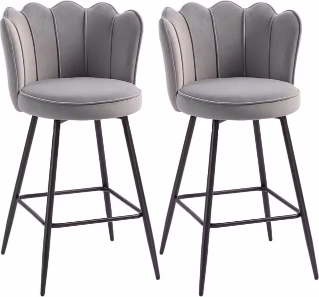 FORGEVIO Set of 2 Grey Velvet Barstools with Petal Backrest