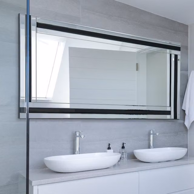 MirrorOutlet Dalton Black All Glass Full Length Rectangular Hanging Mirror, H 174 cm x W 85 cm x D 1 cm