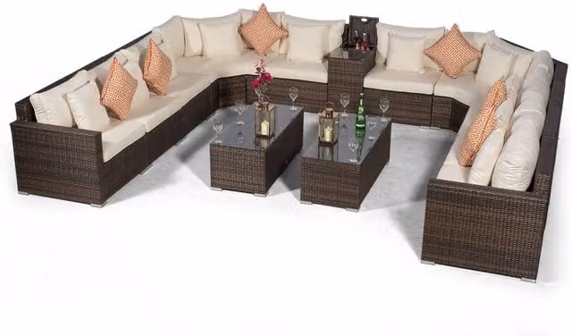 Giardino Santorini 10 Seat Rattan Sofa Set with Ice Bucket Armrest and Coffee Tables in Brown