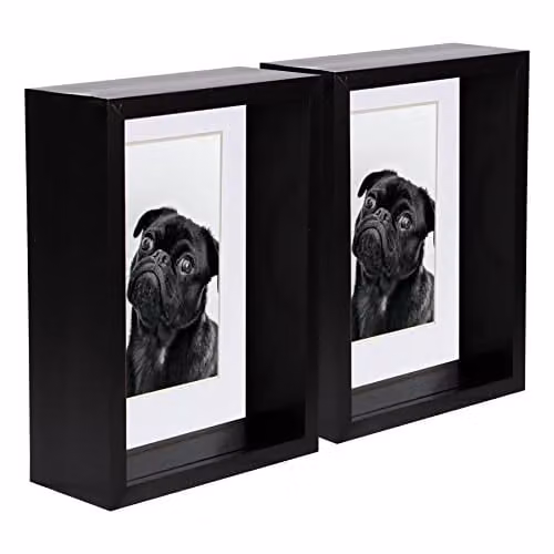 Nicola Spring Pack of 2 Black Rectangular 3D Deep Box Wooden Photo Frames with White Mount for Hanging or Standing – 1