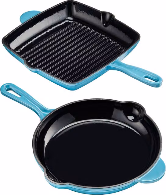 Cooks Professional 2 Piece Enamelled Cast Iron Frying Pan and Skillet Set in Petrol