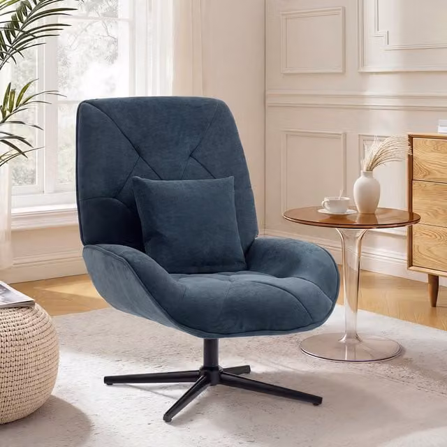HOMCOM Swivel Accent Chair in Green Chenille Fabric with Armrests and Lumbar Pillow