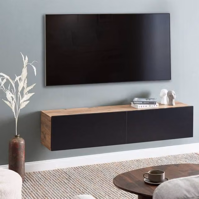 Wyld and Coco Modern Wall-Mounted TV Stand for Up to 55 Inch TVs with Two Cabinets, Black – 1