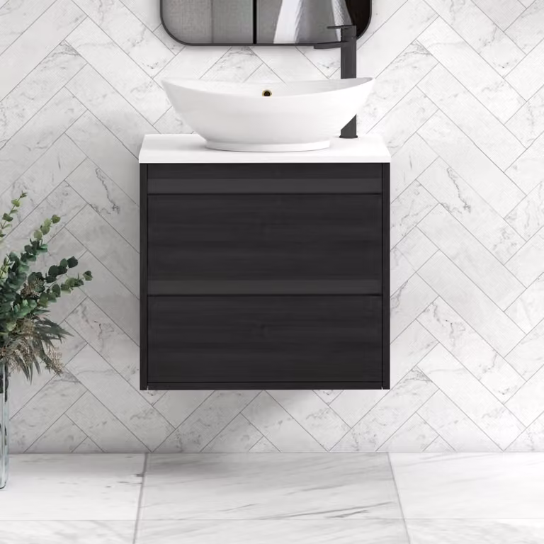Royal Bathrooms Orion 600mm Hale Wall Hung Vanity Unit with Amaze Basin and 2 Drawers in Plain White and Black Accent Trim