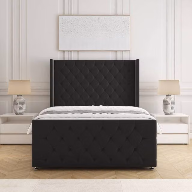 BSSPOKE Florida Velvet Divan Bed with Headboard and Footboard in Black, Double, W/D/H: 140 x 200 cm