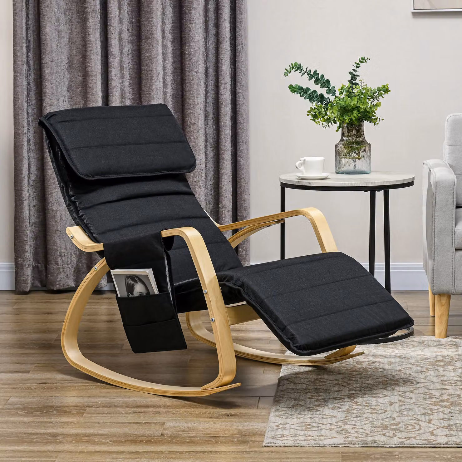 HOMCOM Black Fabric Rocking Recliner Armchair with Adjustable Footrest and Solid Birch Wood Frame – 2