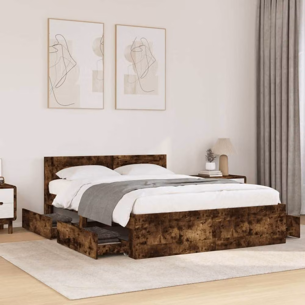 Berkfield Home Small Double Bed Frame with Headboard and Drawers in Smoked Oak Brown, W/D/H: 120 x 200 cm – 2