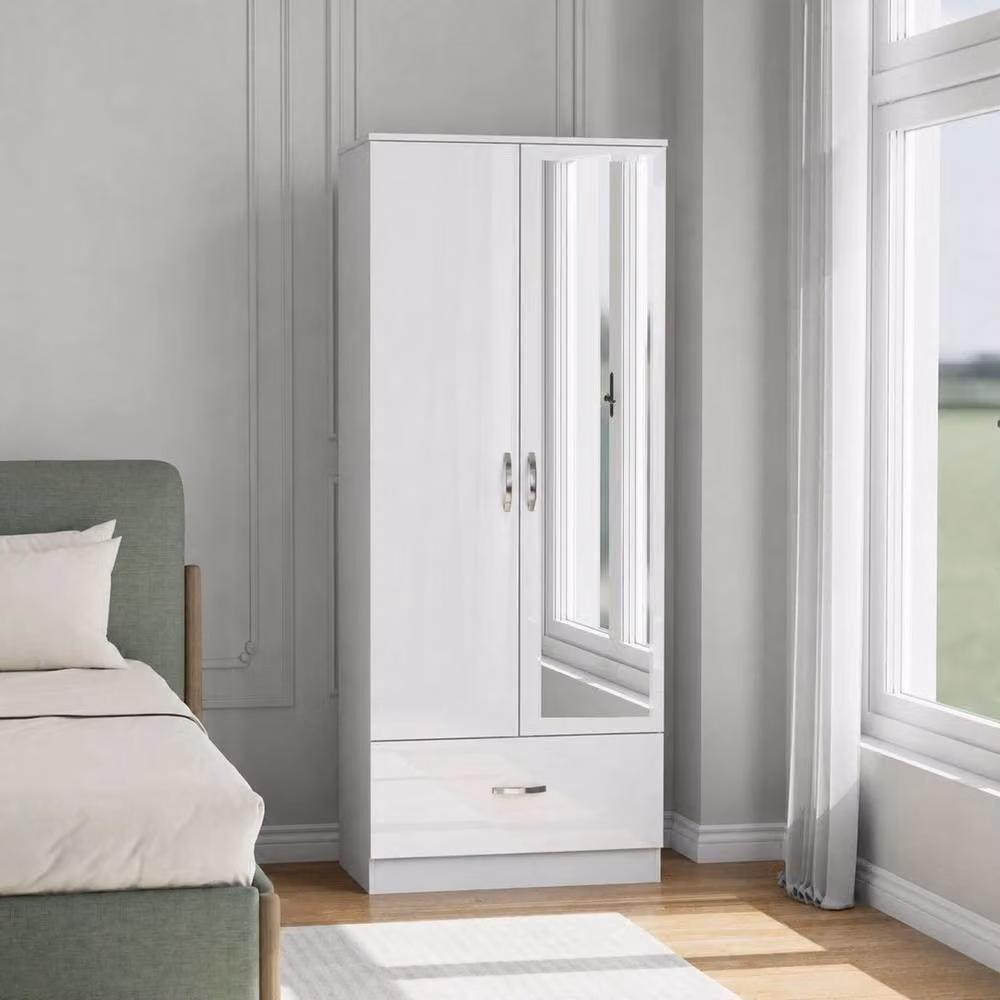 PAWNORA Modern Glossy White Wardrobe with Hinged Doors, Drawers and Mirror – 2