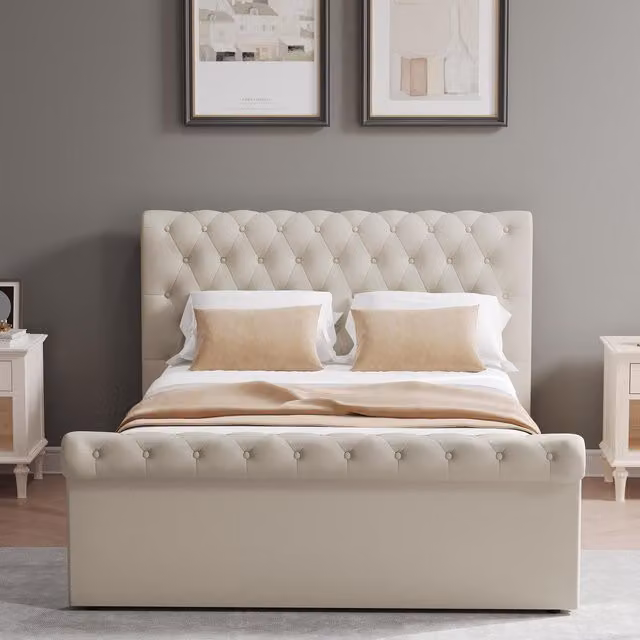 FWStyle King Size Buttoned Chesterfield Ottoman Bed Frame in Beige, W/D/H: 180 x 200 cm