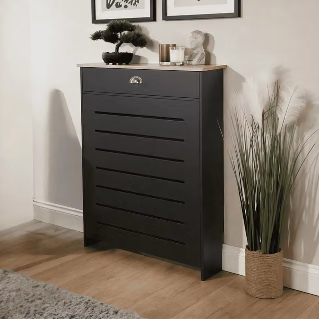 Home Source Batley Radiator Cover with Oak Effect Top and Storage Drawers, Black, W: 78 cm, H: 96 cm, D: 19 cm