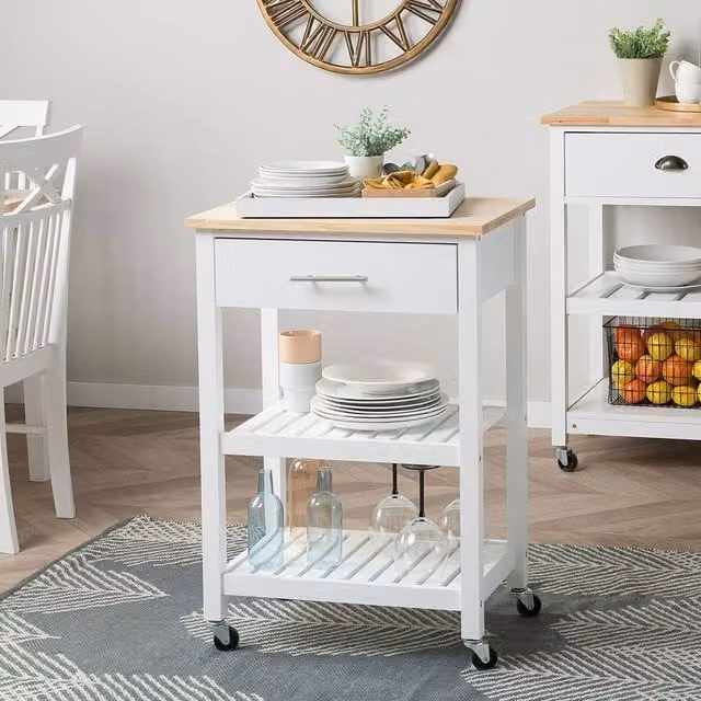 Wyld and Coco White Scandinavian Kitchen Trolley with 3 Shelves and Drawer, Rubberwood and Pine, W/D/H: 58 x 40 x 85 cm – 1