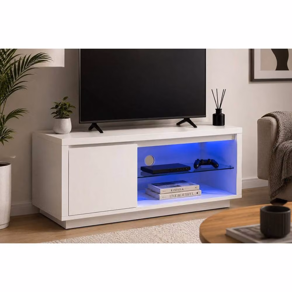 FORGEVIO Modern White Media TV Unit with 1 Door and Media Compartments – 2