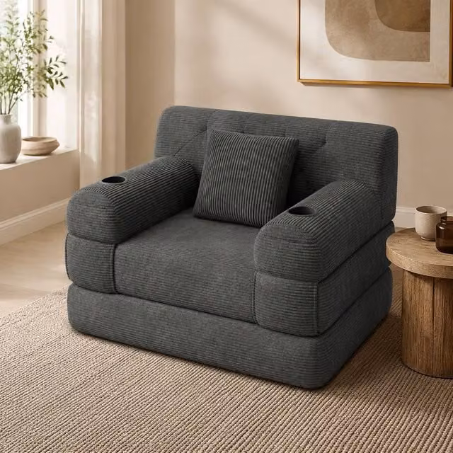 STILVORA 1-Seater Sleeper Sofa with Cup Holders and Storage Pockets in Dark Grey