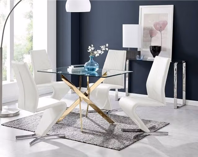 FurnitureboxUK Leonardo Gold Dining Table with Four Willow Chairs, White and Gold with Transparent Glass Top, W/D/H: 120 x 70 x 75 cm