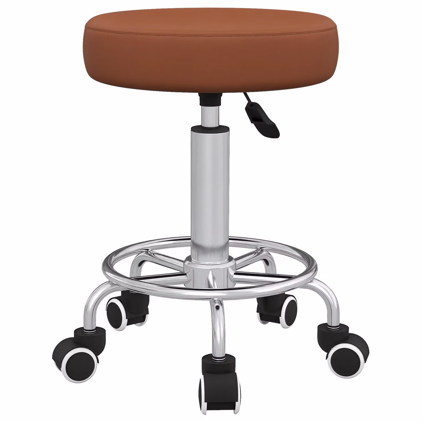 VINSETTO Round Brown PU Leather Salon Beautician Stool with Adjustable Height and Castors – 2
