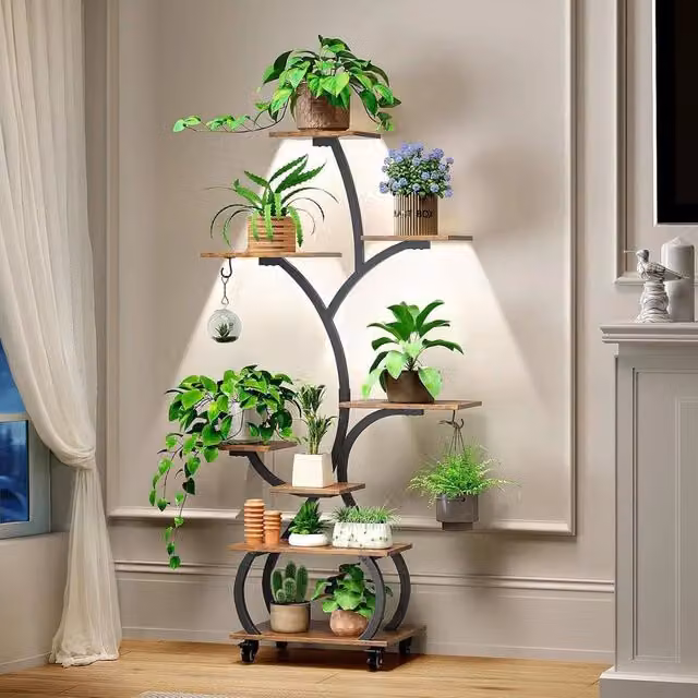 Kelvenix Indoor Plant Stand with Grow Lights and Wheels, Brown, H 127.0 x W 68.0 x D 30.0 cm