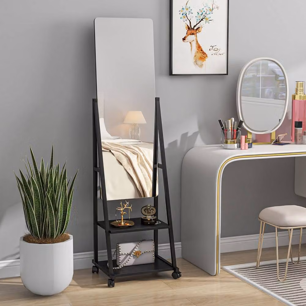 STILVORA Full Length Mirror with Shelves and Wheels in Black – 2