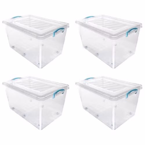 JVL Set of 4 Plastic Lidded Storage Boxes with Wheels, Stackable and Nestable, Transparent, 50L per box
