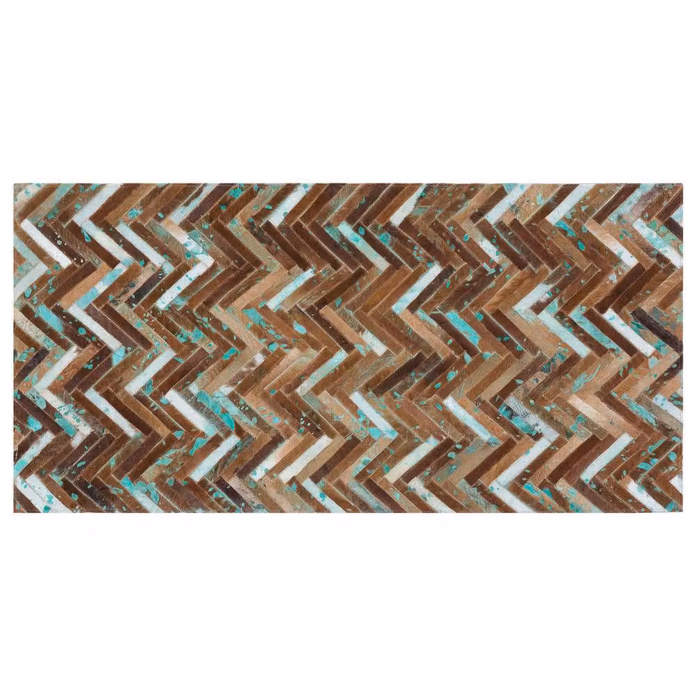 Wyld and Coco Multicolour Cowhide Mosaic Leather Rug in Brown and Turquoise, W: 80 cm, L: 150 cm – 3