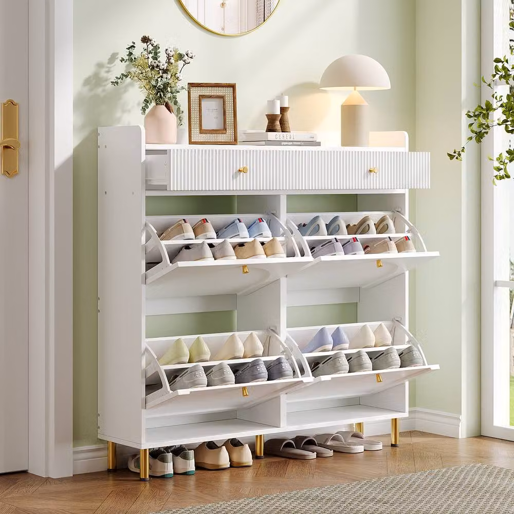 Matteo Narrow White Shoe Cabinet with Tilting Doors and Drawers – 2