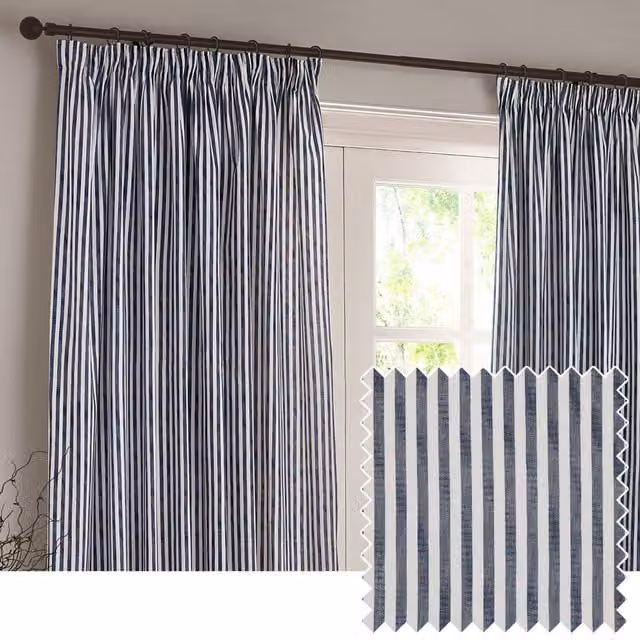 Make It A Home Hebden Striped Cotton Blackout Pencil Pleat Curtain Pair, Blue, H: 229 cm, W: 183 cm