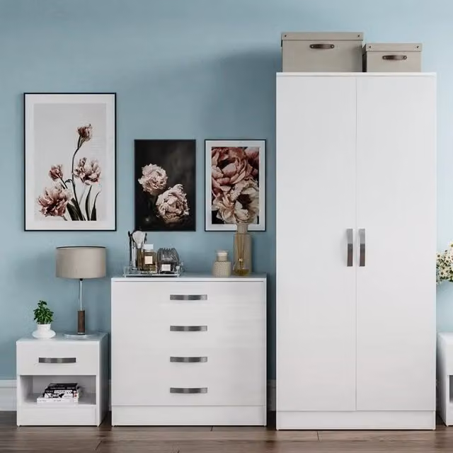 Vida Designs Modern Glossy Hulio Trio Bedroom Set in White and Yellow MDF and Metal, Width: 47 cm