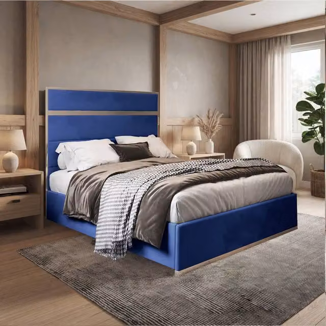 Casani Flookburgh Upholstered Velvet Designer Bed Frame in Blue, W/D/H: 180 x 200 x 137 cm – 1