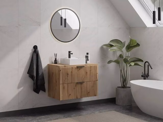 Vente-unique Wall-Mounted Ribbed Vanity Unit with Top in Light Oak, W: 80 cm, H: 46 cm, D: 57 cm