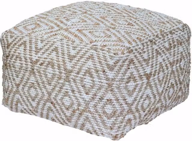 Homescapes Sierra Natural Diamond Pattern Jute and Cotton Cube Bean Filled Pouffe, W/D/H: 60 x 60 x 60 cm, Beige/Grey/White
