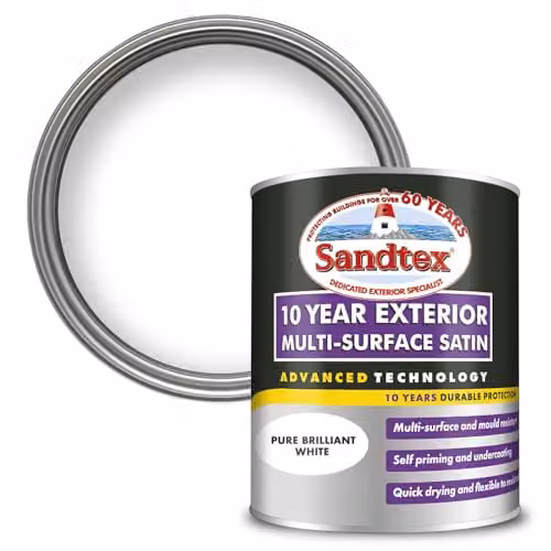 Sandtex 10 Year Multi Surface Satin Paint in White, 0.75 l