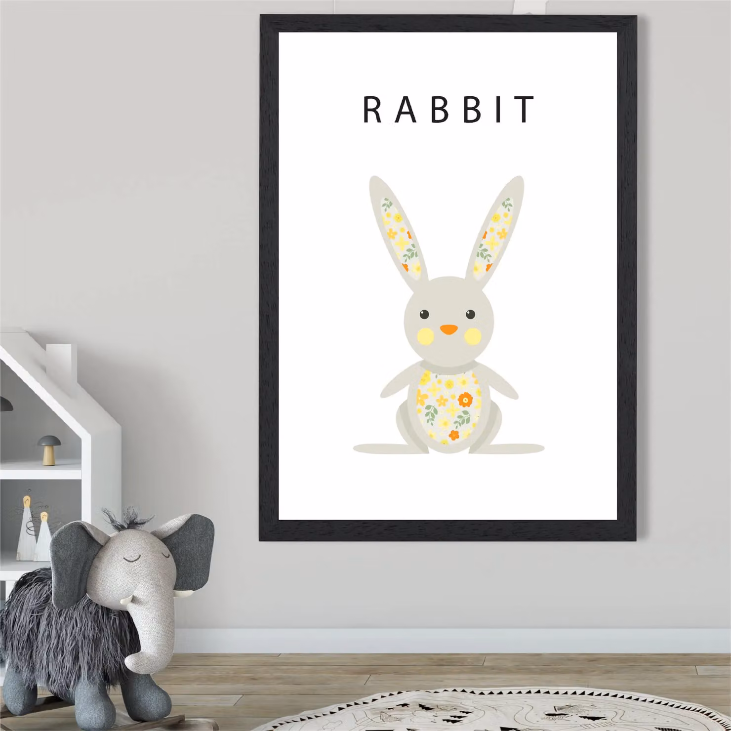 ARTZE Yellow Floral Rabbit Framed Print, A3, Black Frame – 2