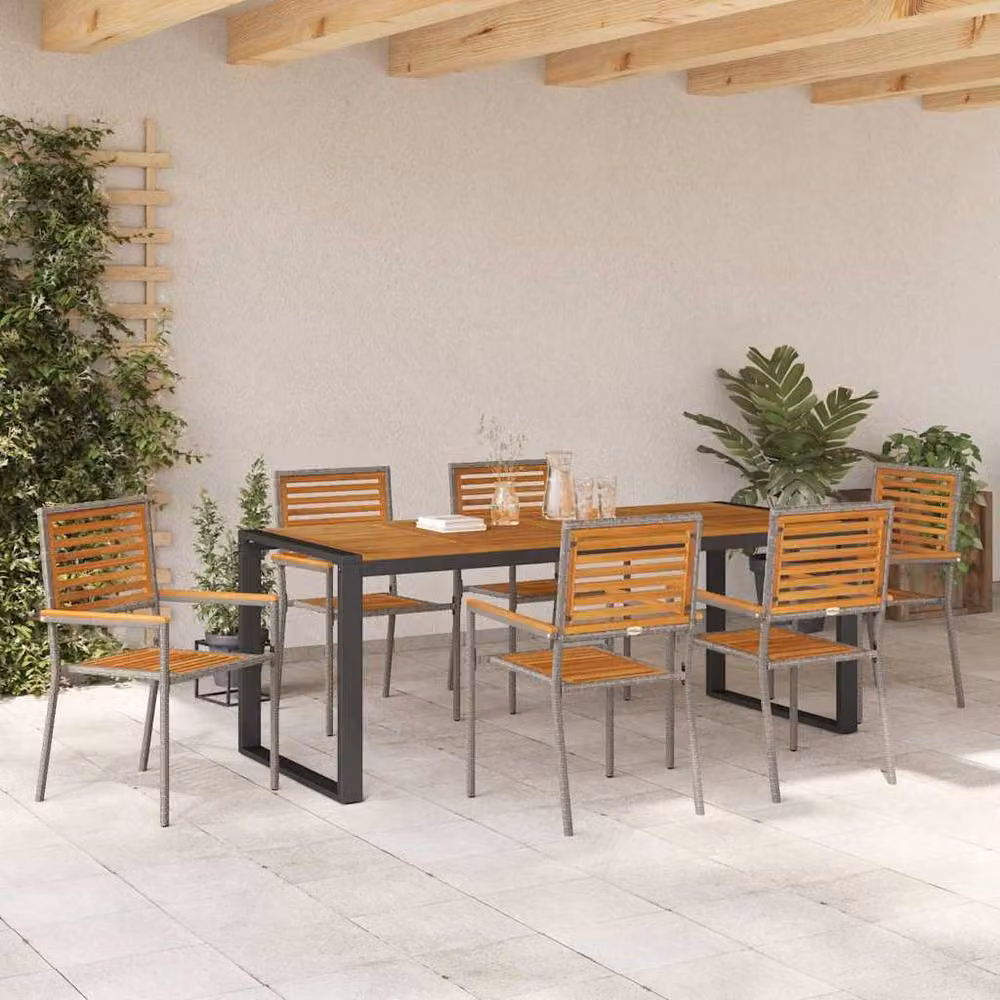 Berkfield Home Modern 7 Piece Grey Poly Rattan and Acacia Wood Garden Dining Set – 3
