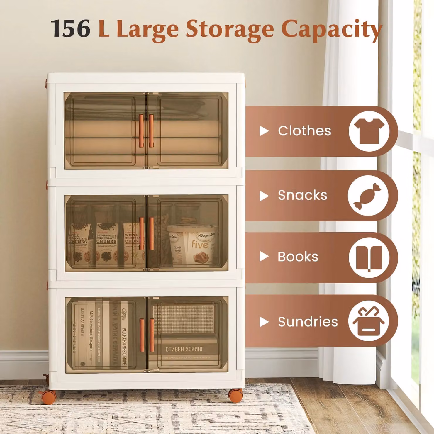 Costway 3-Pack Stackable and Collapsible Plastic Storage Bins with Handles and Wheels, White – 4