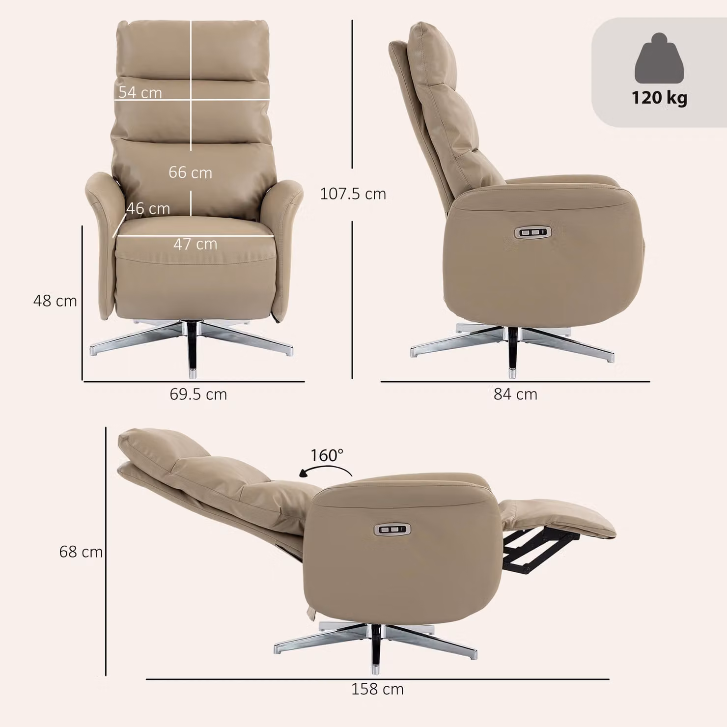 HOMCOM Brown Swivel Electric Power Recliner Chair with USB and Type C Ports – 3