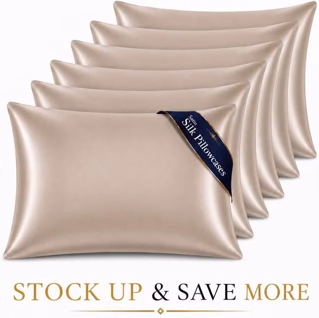 Pamposh Luxury Mako Satin Silk Pillowcase Set of 6 in Beige