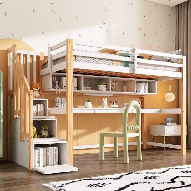 BTM House Bunk Bed with Desk and Stairs, White and Multicolour, Solid Pine Wood, W/D/H: 190 x 90 x 165 cm