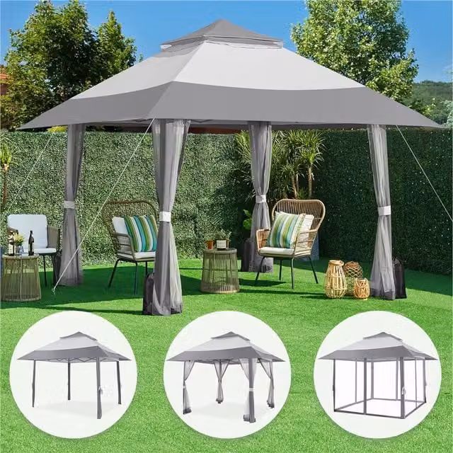 Yaheetech Grey Pop-Up Gazebo with Side Walls, W: 4 m x D: 4 m