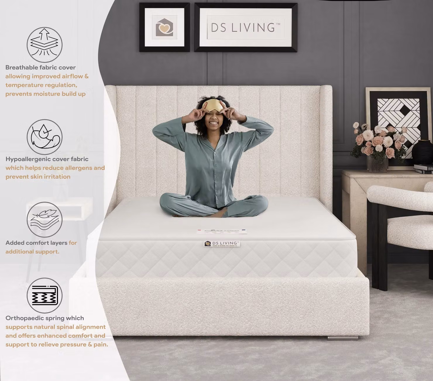 DS Living Soothe Ortho Reflex Aurora Spring Mattress, Medium Firm, White, W/D: 180 x 200 cm – 4