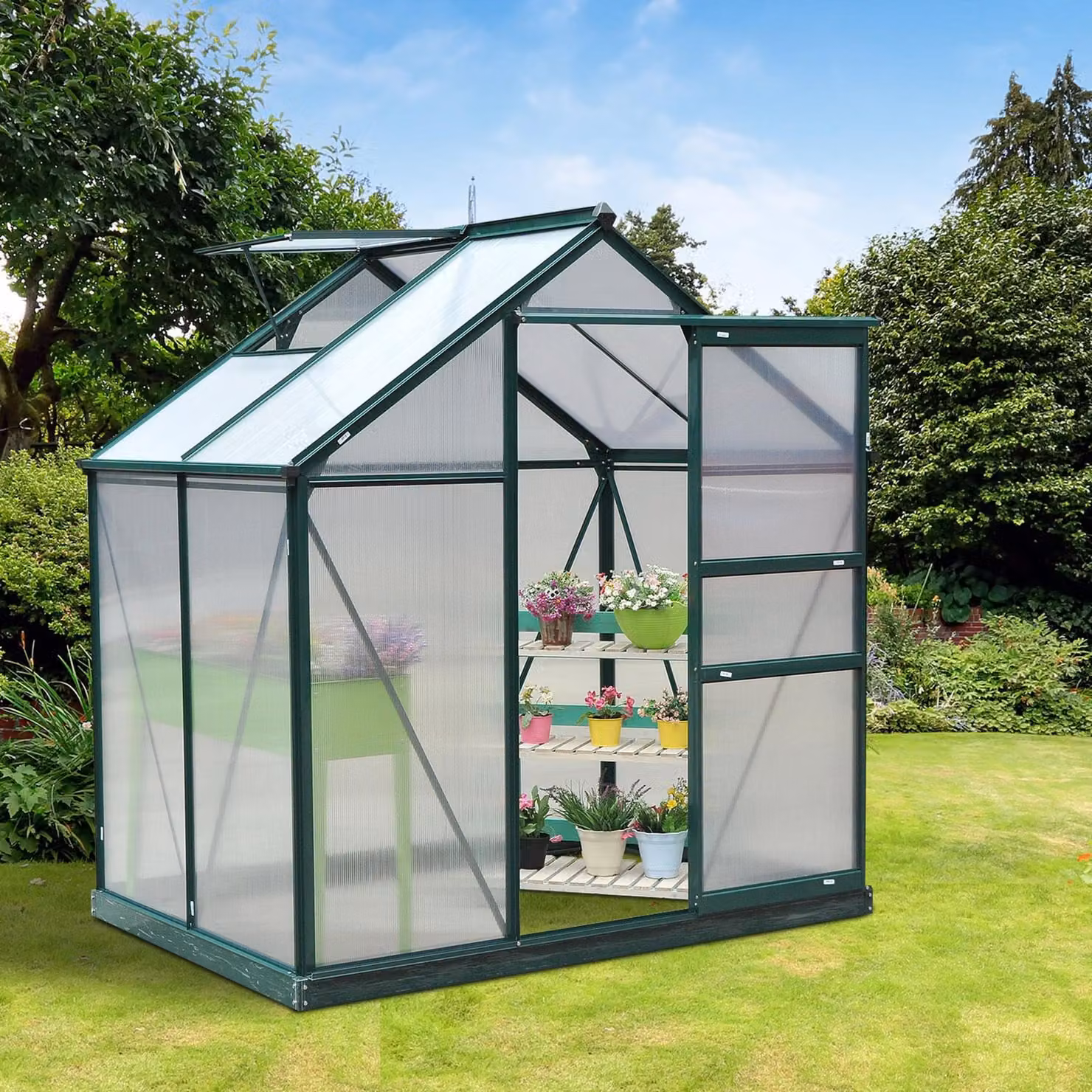 Outsunny Large Walk-In Greenhouse with Polycarbonate Panels, Aluminium Frame and Galvanised Steel Base, W: 1.3 m, D: 1.0 m, H: 2.0 m – 2