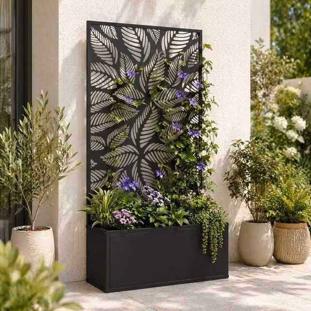 STILVORA Black Metal Raised Planter with Trellis, H 113 cm x W 58 cm x D 30 cm – 1