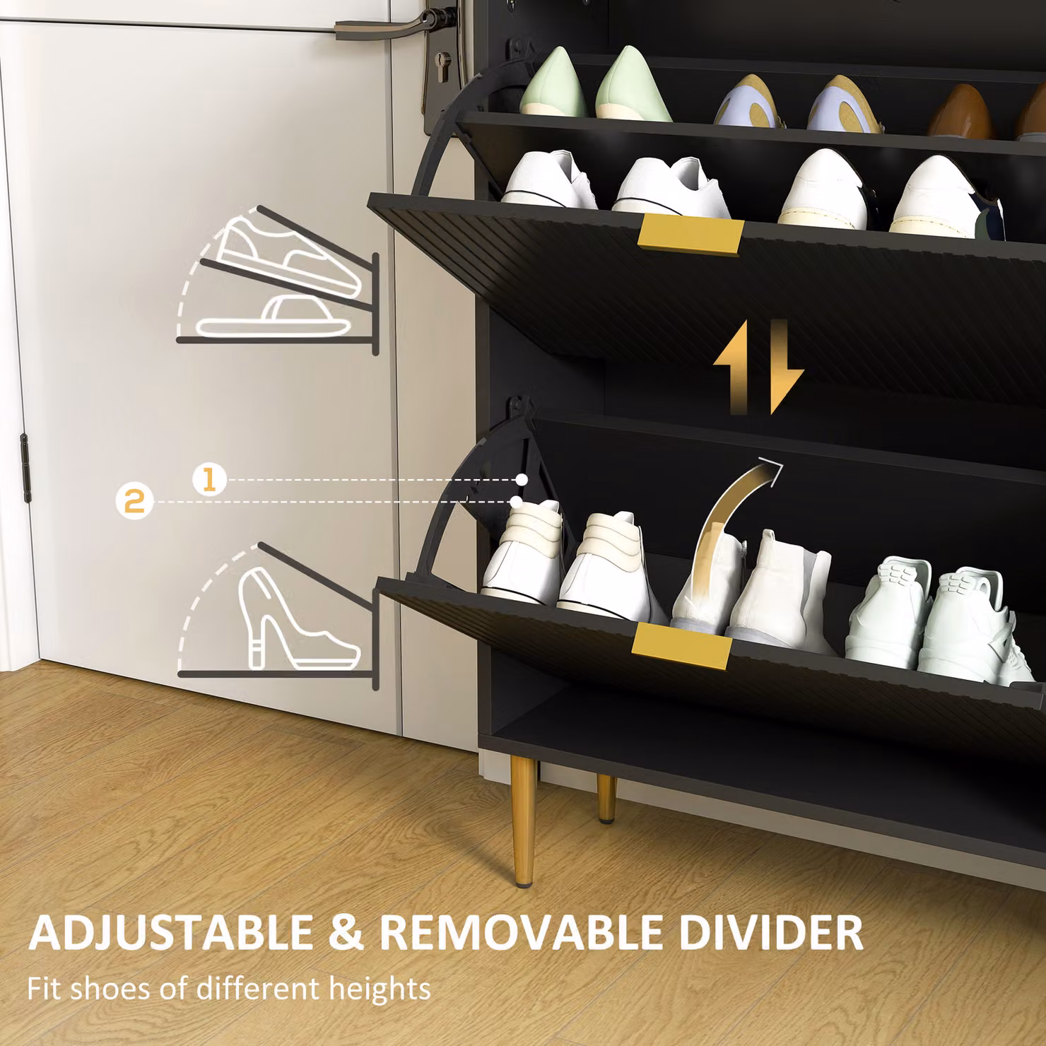 HOMCOM Modern Narrow Shoe Cabinet with 2 Tilting Compartments and Internal Shelves, Black and Gold – 3