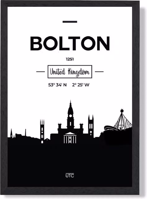 ARTZE Bolton Black and White City Skyline Framed Print, A2, Black Frame