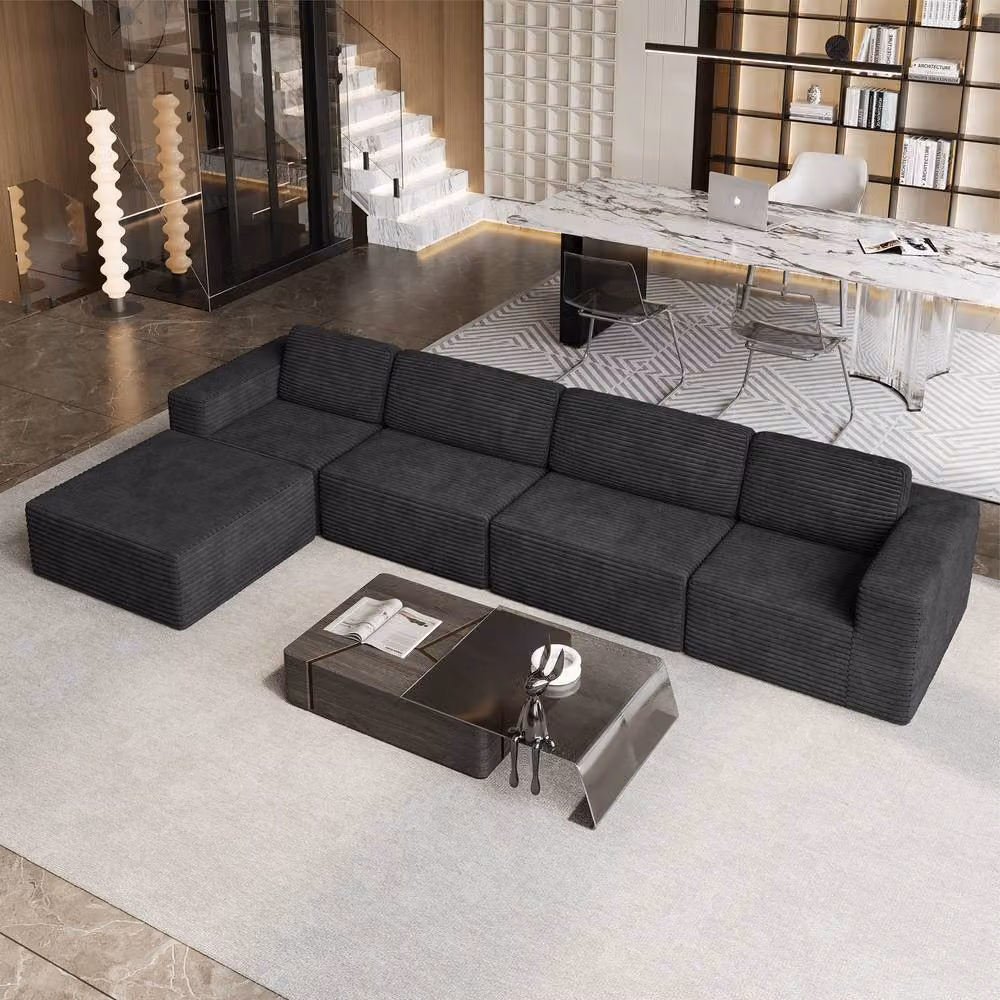 Dprodo Black Corduroy Modular L-Shape Sofa with Matching Ottoman and Removable Covers – 7