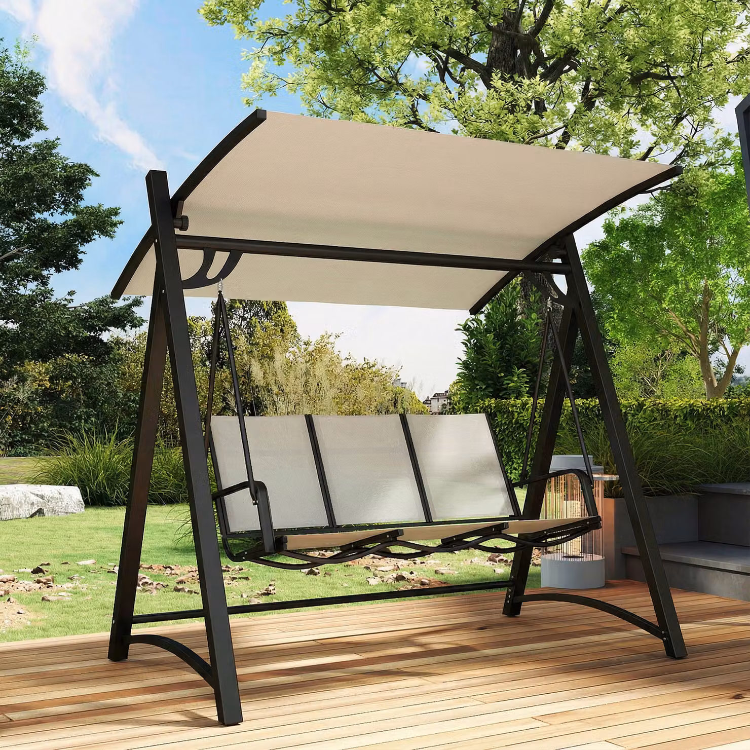 Outsunny 3 Seater Garden Swing Bench with Adjustable Sun Canopy in White – 8