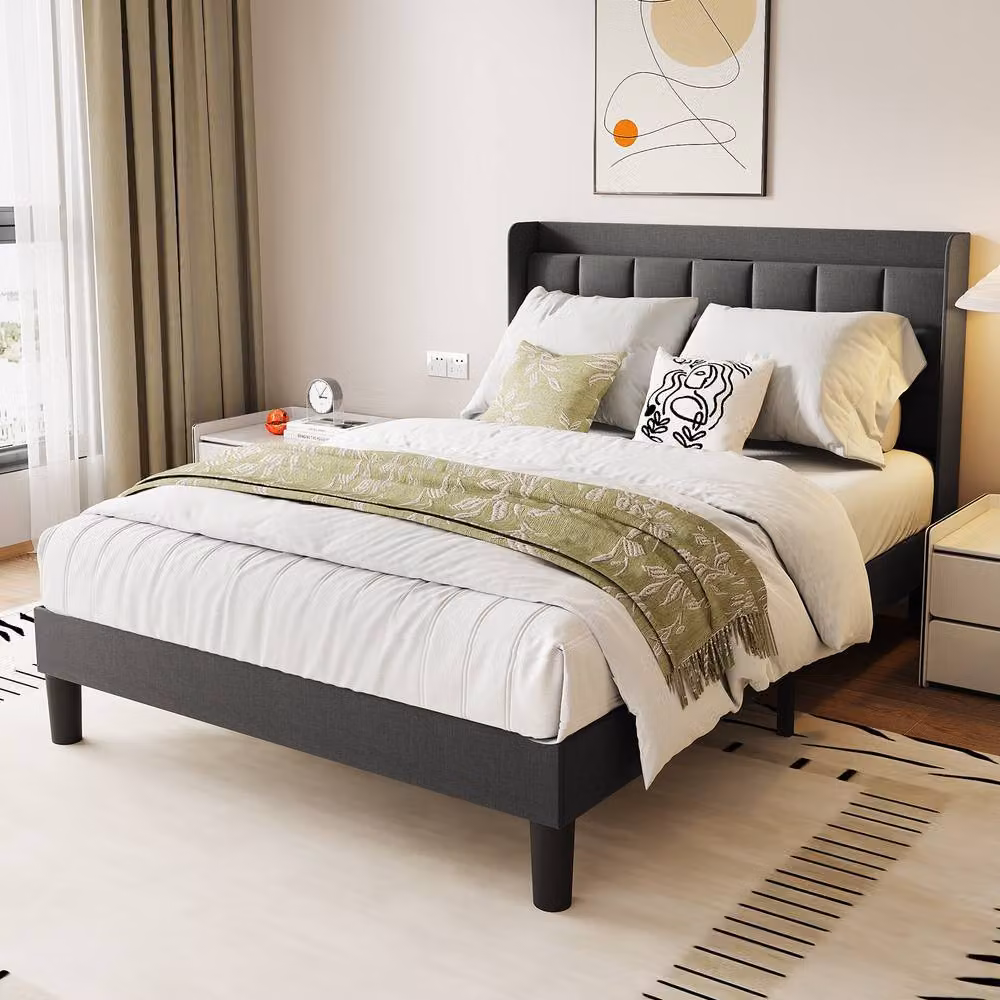 Dprodo Grey Linen Upholstered Bed Frame with Tufted Headboard, USB Charging Port and Bedside Shelf, W/D/H: 90 x 200 cm – 5