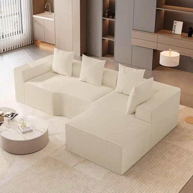 Dprodo Beige Corduroy Right L-Shaped Modular Sofa with Scatter Cushions, Width: 320 cm
