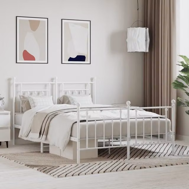 Berkfield Home Metal Bed Frame with Headboard and Footboard in White, W 140 cm x D 200 cm – 1