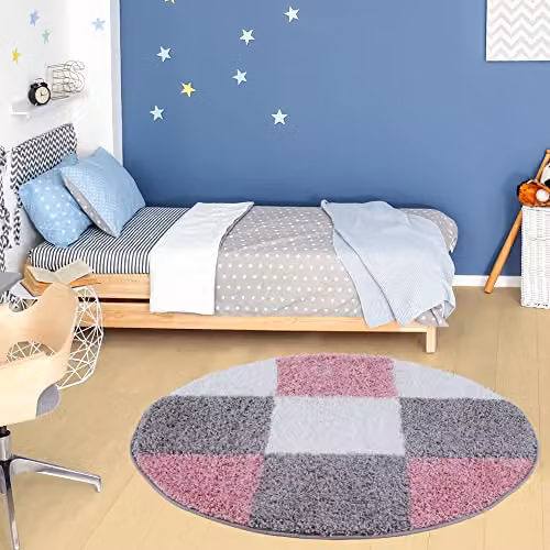 THE RUGS Modern Checked Shaggy Round Area Rug, Pink and Grey, Diameter: 120 cm – 1