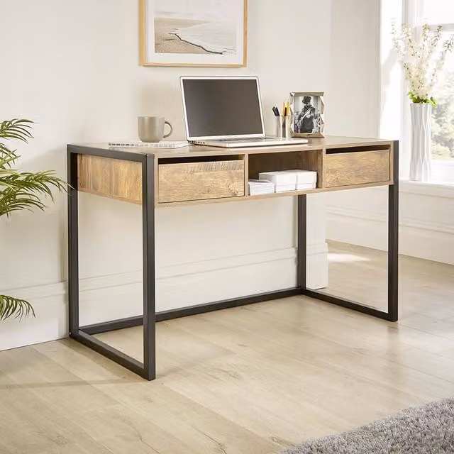 Home Source Modern Computer Desk with Single Pedestal and Storage in Brown