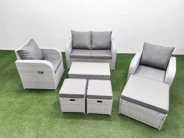 Fimous 7 Seater Light Grey PE Wicker Rattan Garden Furniture Set with Reclining Chairs, 2 Seater Sofa, Coffee Table and 3 Ottomans